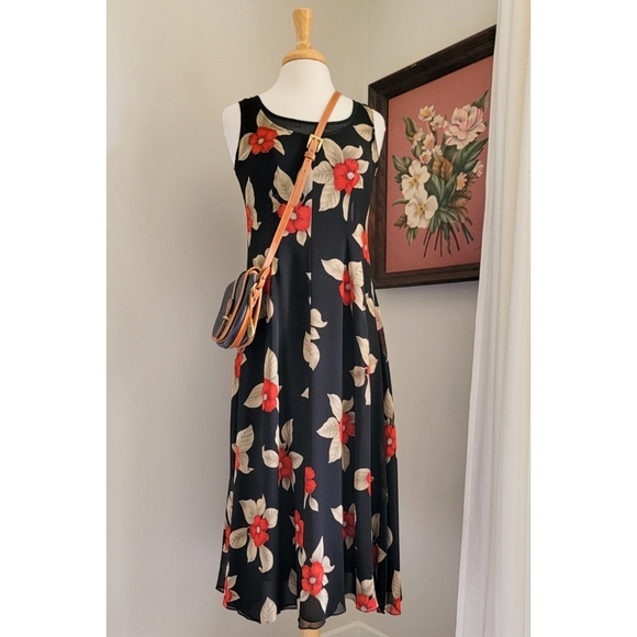 90s Black Floral Silk Scoop Neck 1990s Vintage Fully Lined Sleeveless Midi Dress - Picture 13 of 14